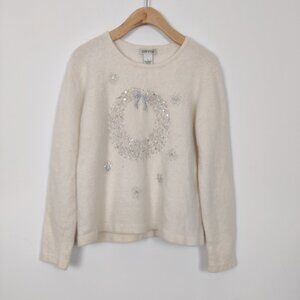 Orvis Ivory Wool Angora Christmas Wreath Snowflake Sweater Holidays Lambswool